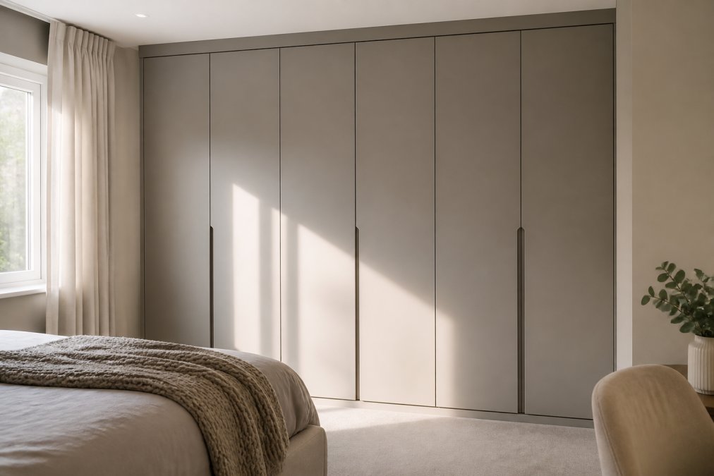 A modern fitted wardrobe with a matte greige finish in a bright bedroom, natural light falling across the door fronts from a window on one side, the colour visibly shifting from lighter to deeper across the surface