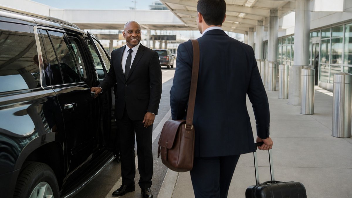 Professional chauffeur greeting a business traveler by a black SUV, highlighting the luxury of private car vs taxi.
