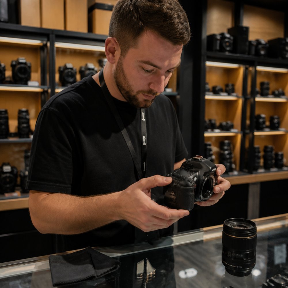 Hands inspecting a used DSLR camera to compare Adorama vs B&H photovideo quality standards.