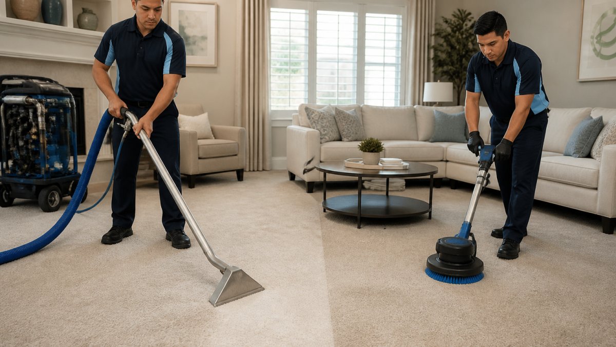 Technicians using hot water extraction and low-moisture cleaning for a Coit vs Oxi-Fresh carpet comparison.