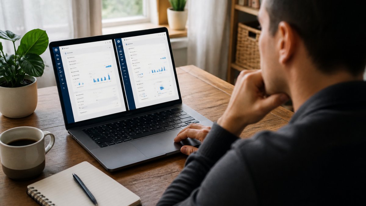 A small business owner comparing local seo software dashboards on a laptop screen in a home office
