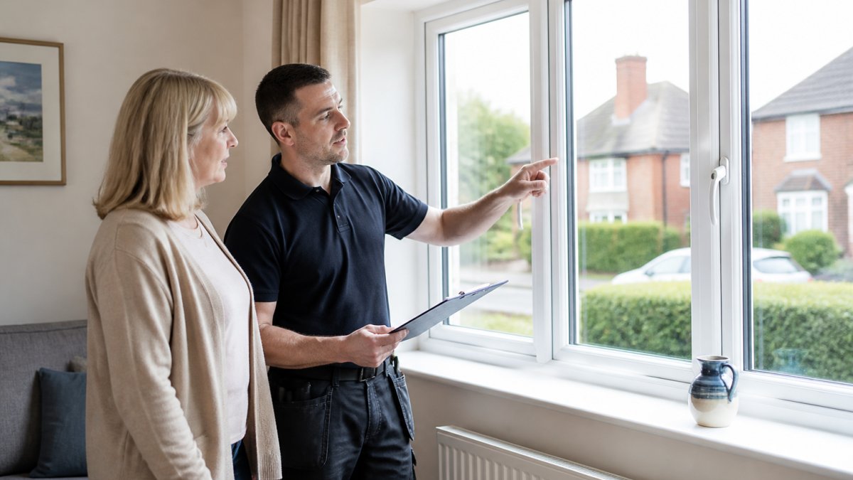 A Kettell Windows installer reviews the new double-glazed window frame with a homeowner in a bright living room.