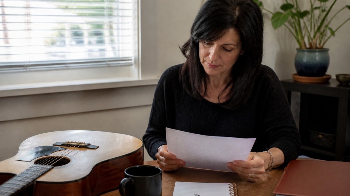 Musician reviewing a printed planning worksheet at a wooden desk with an acoustic guitar nearby