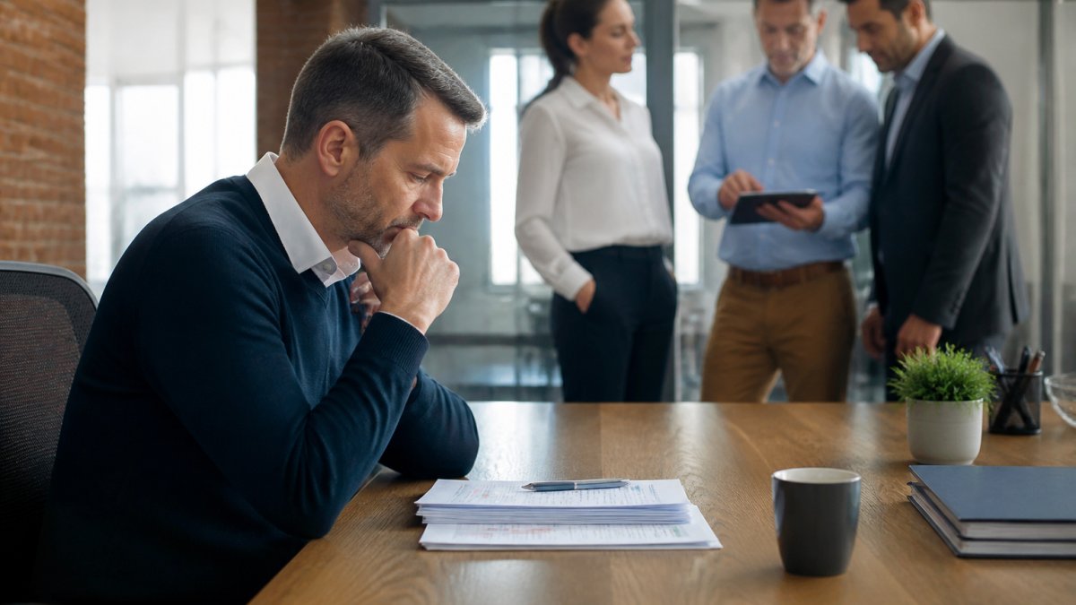 Business owner reviewing security settings on desktop computer with colleagues discussing IT strategy in modern office