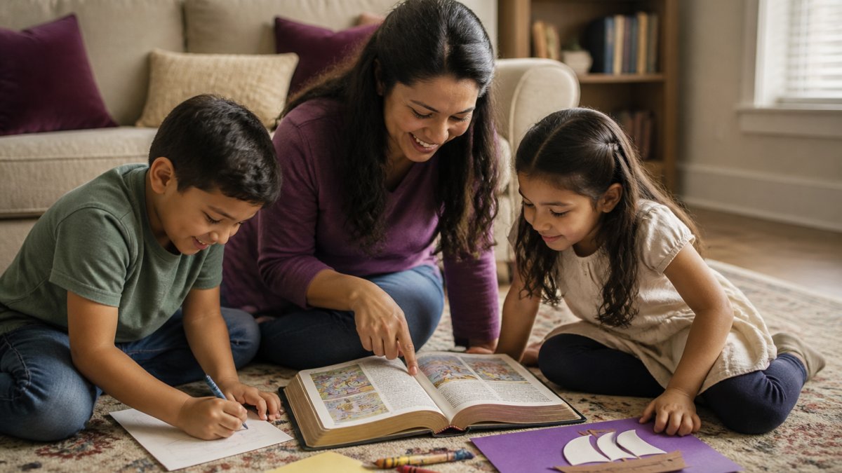 Parent and two children crafting together while reading an illustrated Bible on a living room rug