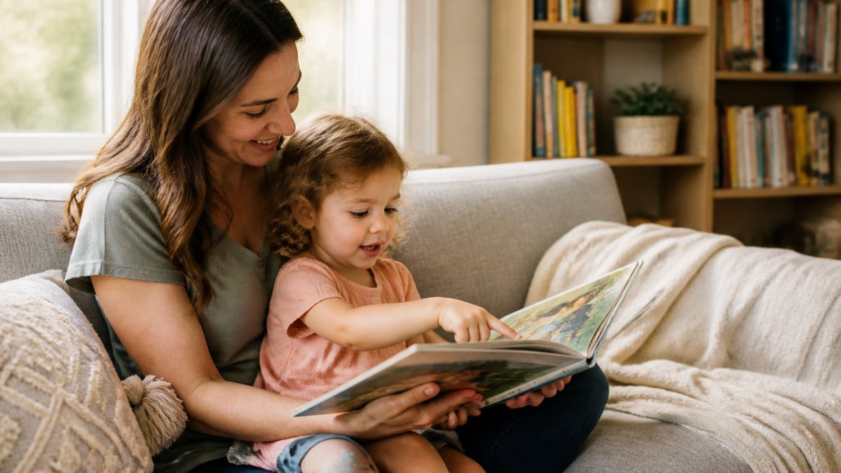 Parent and young child reading a colorful Christian picture book together on a cozy couch in warm afternoon light