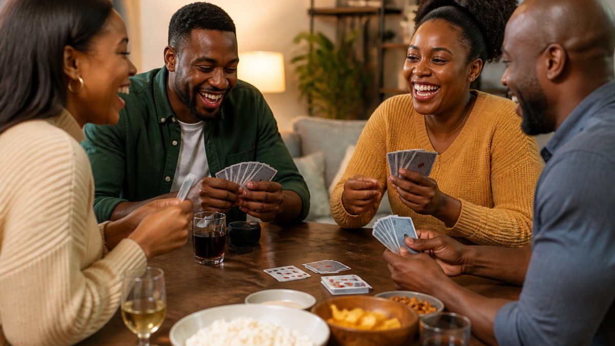 A group of Black adults gathered around a table playing a card game, laughing and holding cards, with snacks and drinks nearby in a warm living room setting