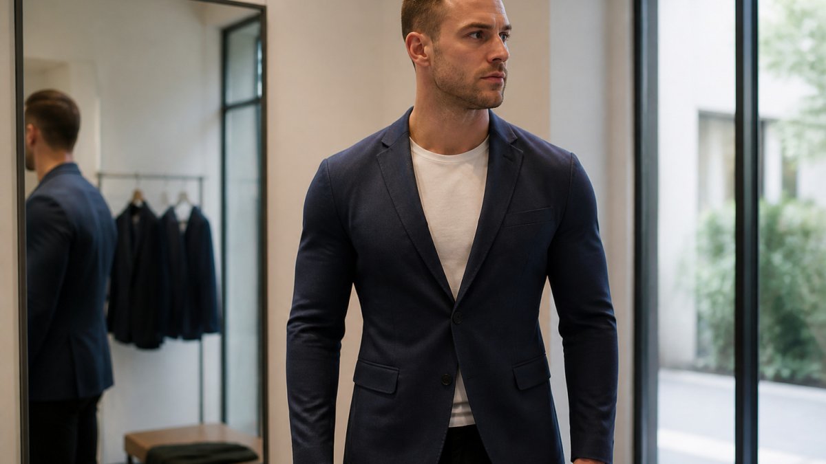 Muscular man in a well-fitted navy blazer with shoulder seams sitting perfectly on his shoulder bones