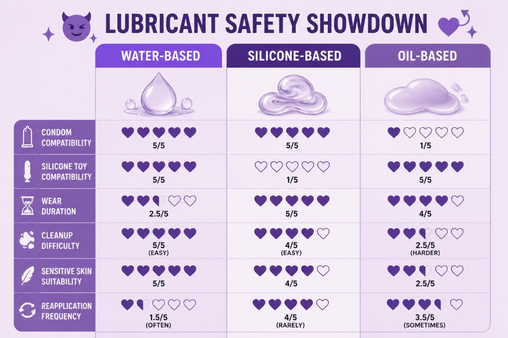 Comparison matrix of lubricant types (water-based, silicone-based, oil-based) scored across condom compatibility, silicone toy compatibility, wear duration, cleanup difficulty, sensitive skin suitability, and reapplication frequency