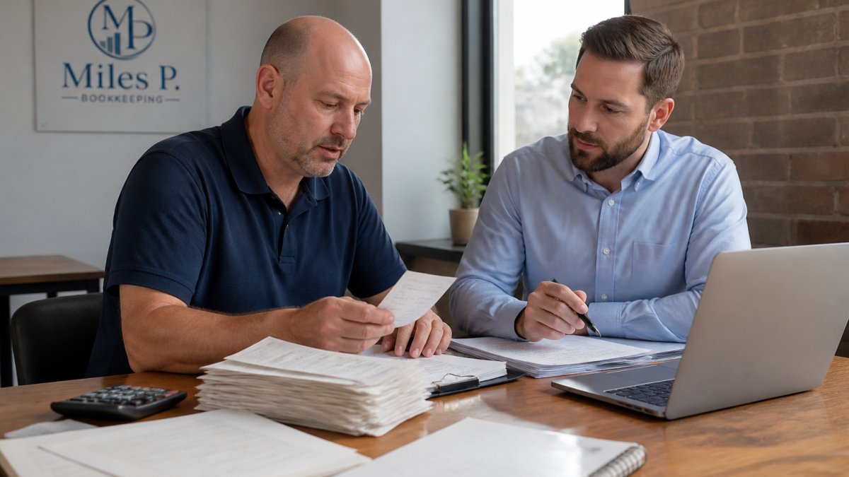 A small business owner and a bookkeeper reviewing a stack of receipts and bank statements together at a wooden desk, laptop open to accounting software, warm natural light from a window