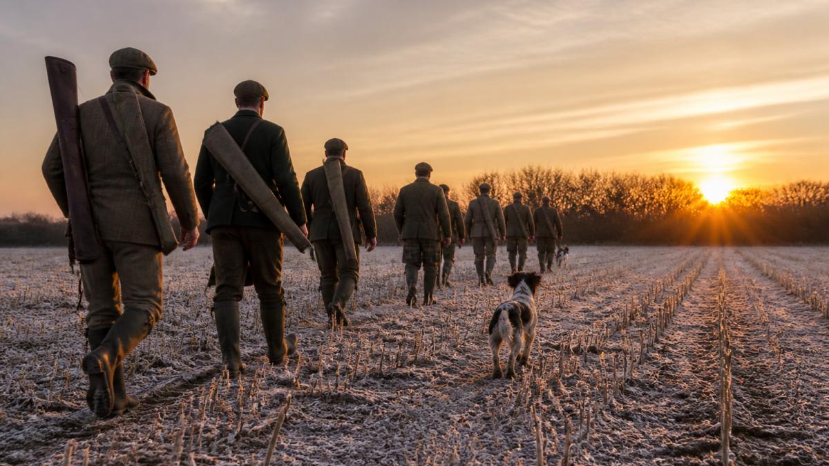 A line of guns and beaters walking across a frost-covered stubble field at dawn, tweed and breeks visible, a spaniel working ahead of the line, low winter sun behind a hedge