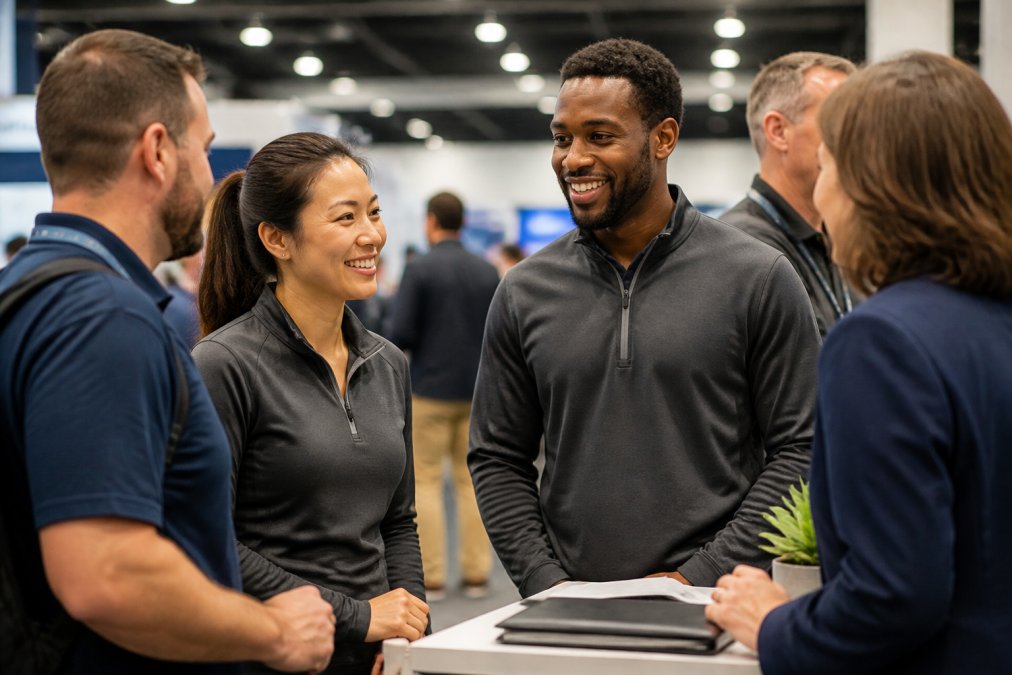 Diverse trade show staff in matching branded corporate apparel talking with attendees at a convention center