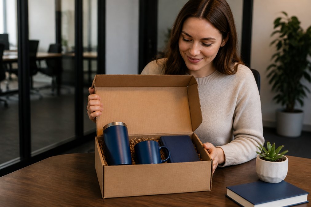 New employee unpacking a welcome kit featuring branded drinkware including a stainless steel tumbler and mug.