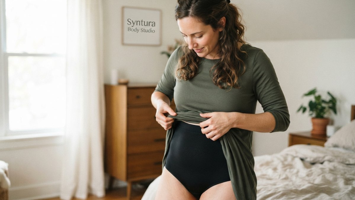 Woman checking the fit of shapewear at her waist and torso, holding the fabric gently to assess stretch and breathability