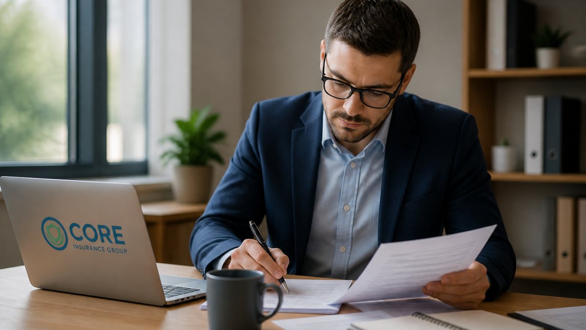 Professional consultant reviewing insurance documents at a desk with laptop, coffee cup, and notepad while making notes in modern office setting