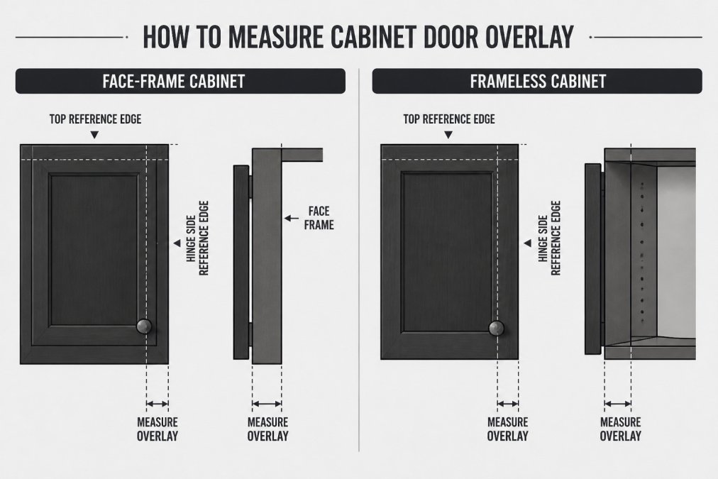 Diagram comparing overlay measurement methods for face-frame and frameless cabinet door styles.