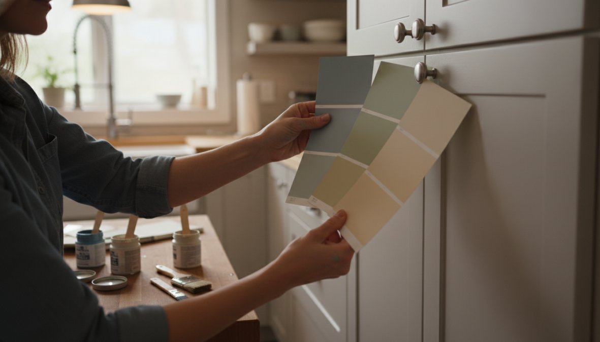 A homeowner holding several large paint color swatches against a cabinet door in a kitchen, comparing shades under warm overhead lighting, with paint sample jars visible on the counter nearby
