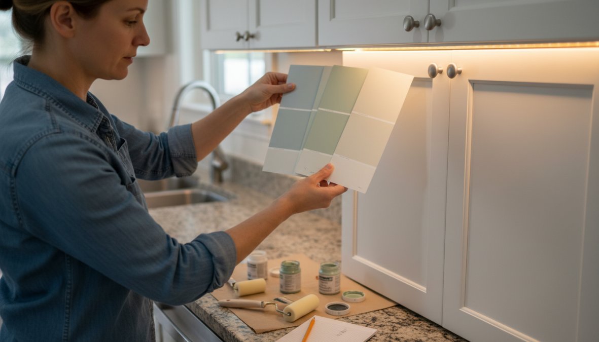 A bright, modern kitchen with freshly painted white upper cabinets and navy lower cabinets, light stone countertops, and a white subway tile backsplash, photographed in natural daylight streaming through a large window