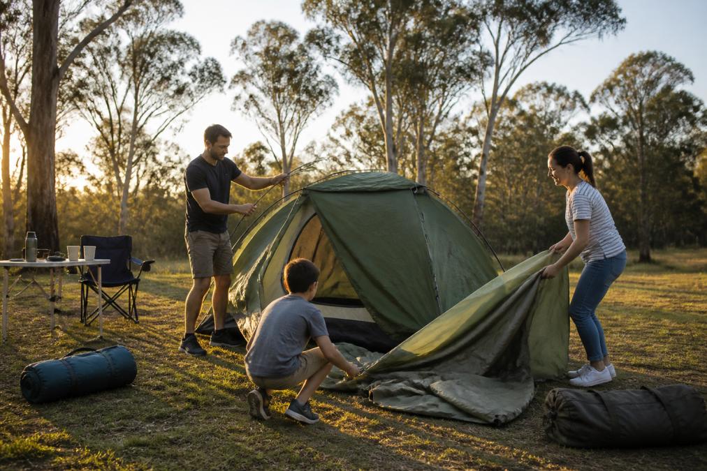 A family sets up a green dome tent, essential camping gear for beginners, on a grassy field during golden hour.
