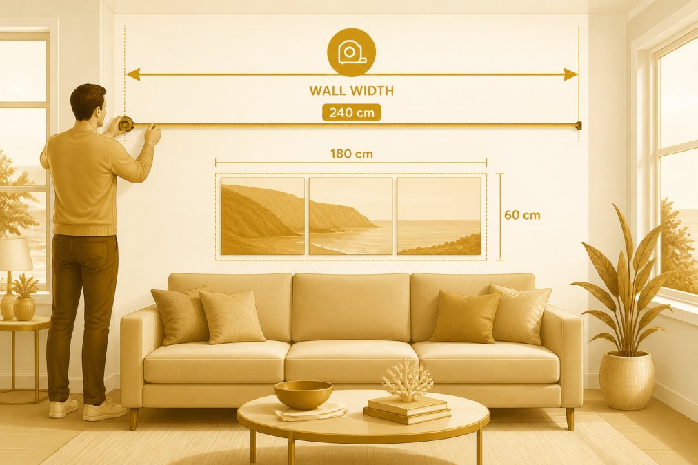 Homeowner in casual clothing measuring a living room wall with a tape measure, showing the tape extended horizontally from furniture edge to furniture edge, with a neutral-coloured sofa visible below and natural daylight from windows