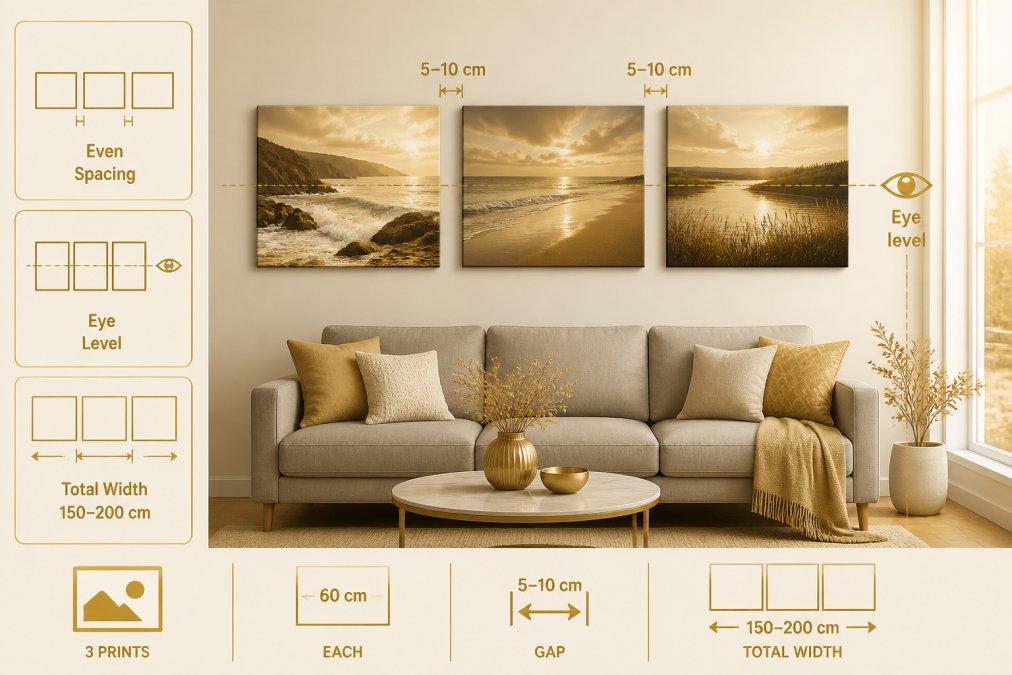 Modern living room with a gallery wall of three landscape canvas prints hung horizontally on a neutral beige wall above a grey linen sofa, showing even spacing between frames and proper eye-level alignment, with natural light from a window illuminating the arrangement