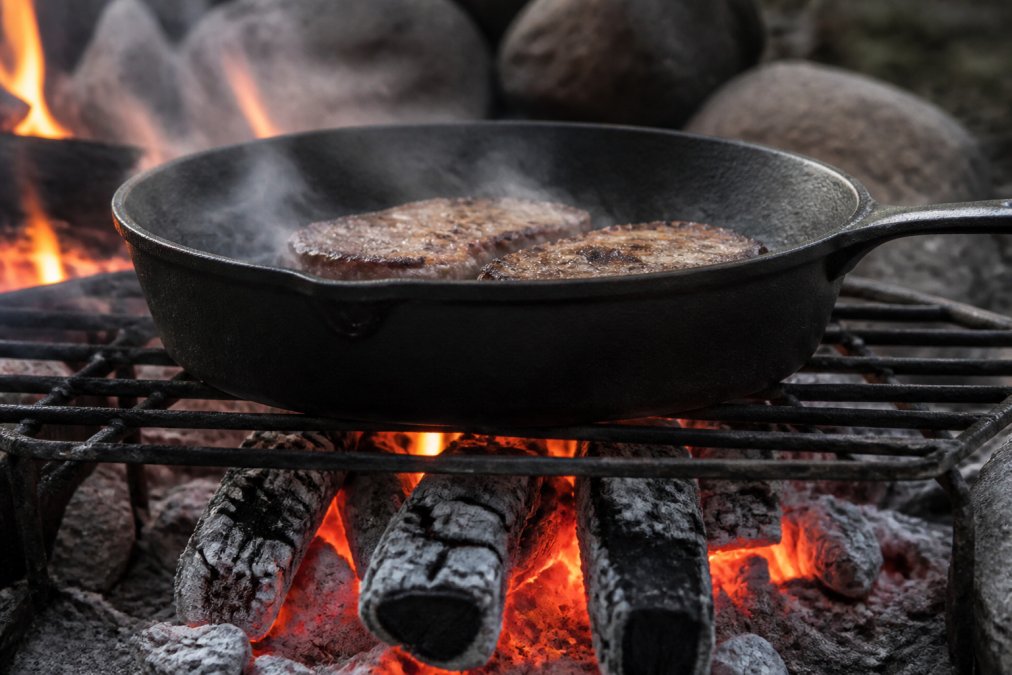 Close-up of a thick-walled cast iron skillet sitting on glowing campfire coals, with heat waves visible and a bed of embers beneath it