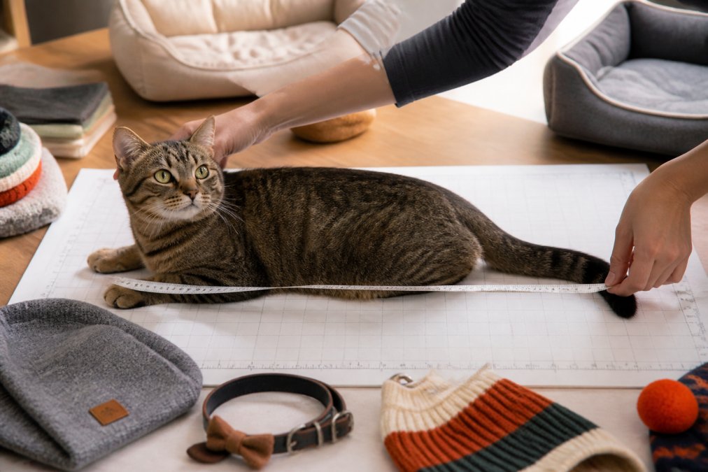Close-up of hands gently positioning a tabby cat on a white measuring mat, using a soft fabric measuring tape to measure from nose to tail, cat relaxed and cooperative