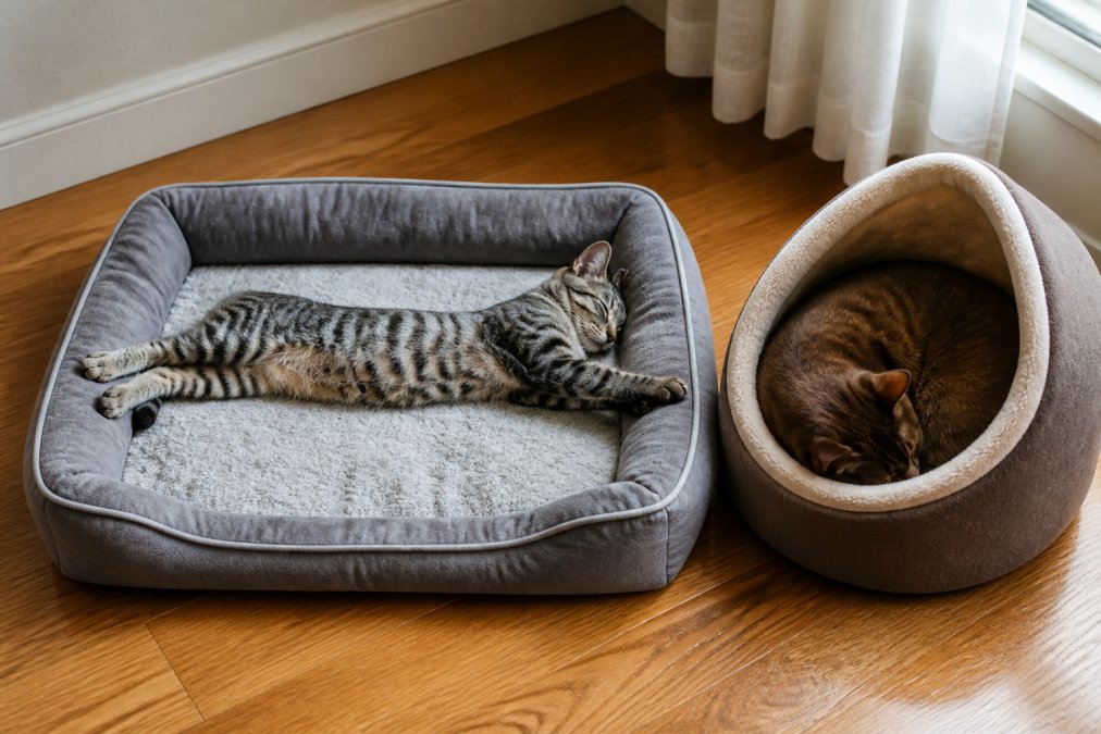 A gray tabby cat fully stretched and sprawling across a rectangular cushioned bed on hardwood flooring, while nearby a brown cat is curled tightly in a semi-enclosed nest bed, both sleeping peacefully