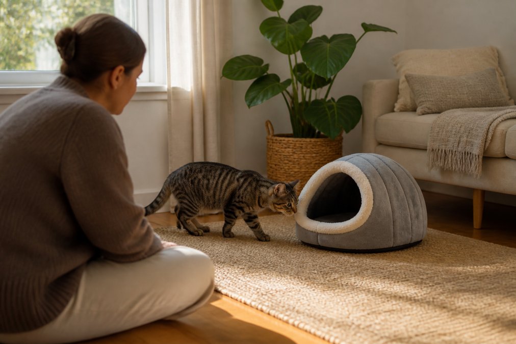 A shy tabby cat cautiously investigates one of our cat beds for anxious cats as a person watches nearby.