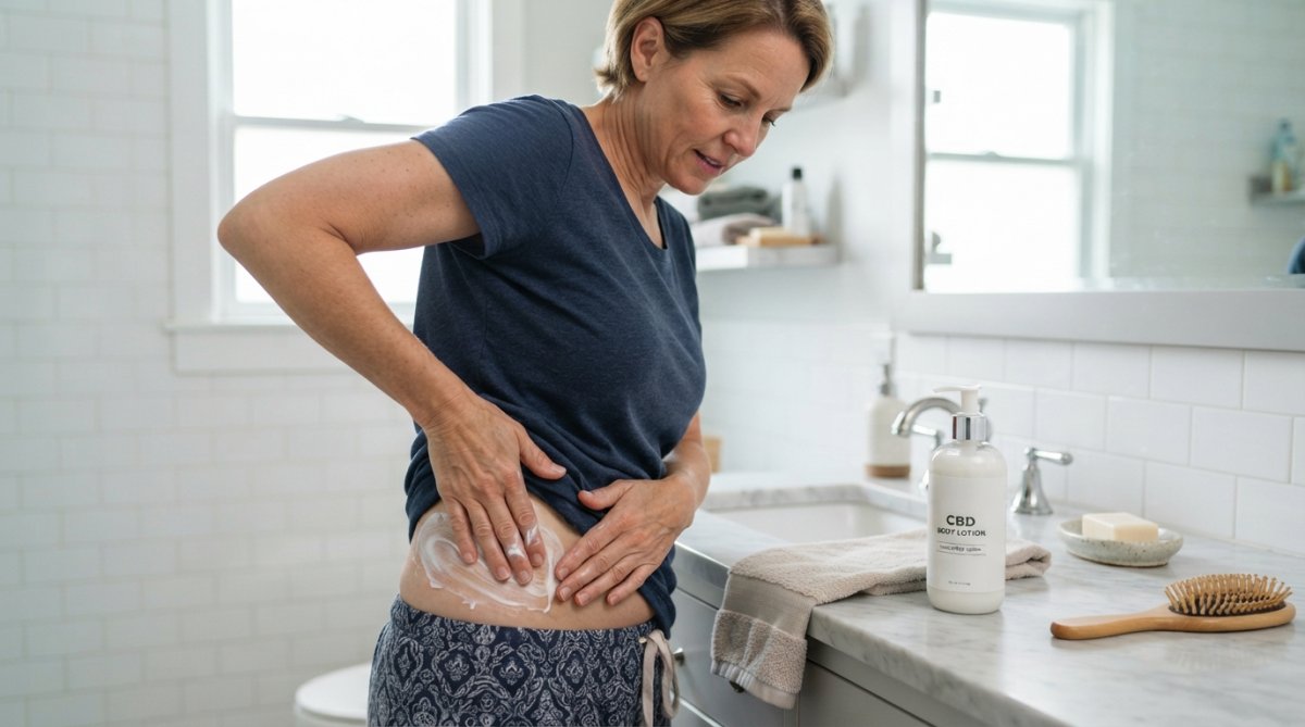 Person in their 50s applying soothing lotion to their lower back in a bright, clean bathroom setting.