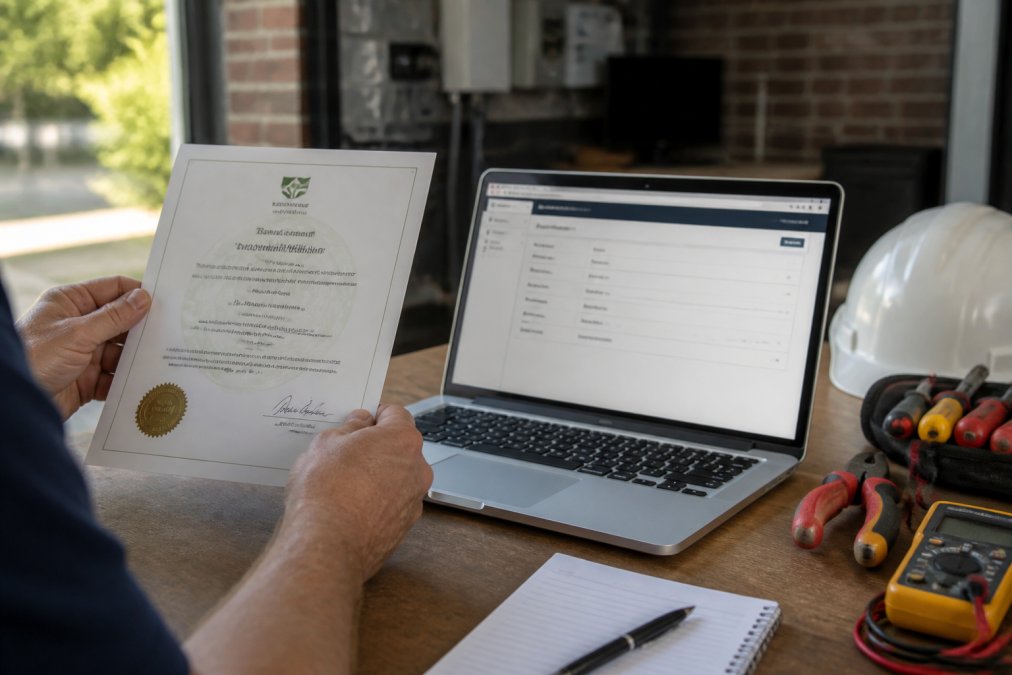 Close-up of hands holding a printed CEC accreditation certificate next to a laptop screen displaying the CEC register database with an installer's verified credentials