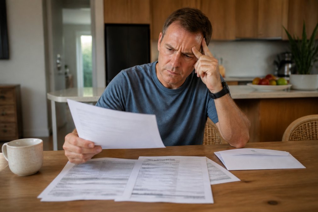 Homeowner reviewing a solar installation quote and contract documents at a kitchen table with a concerned, scrutinising expression, papers spread out showing pricing details