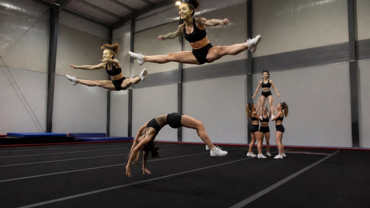 Infographic showing how professional cheerleading gym flooring supports athlete safety during stunts and tumbling