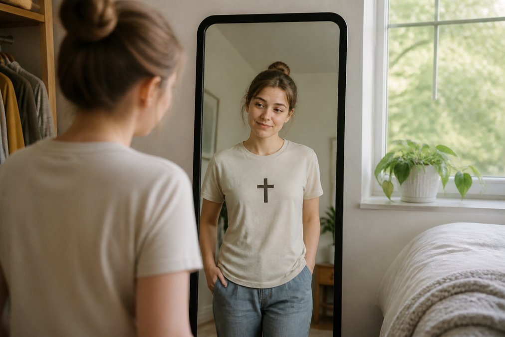 A thoughtful person wearing comfortable Christian clothing for introverts while looking in a bedroom mirror