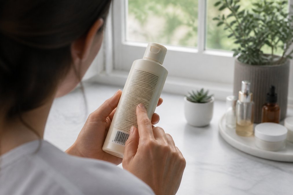 Close-up of a person's hands holding a skincare product bottle, carefully examining the ingredient list printed on the back label in natural daylight through a window