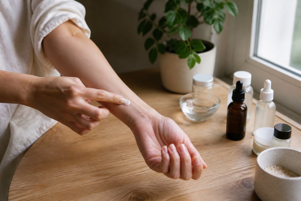 A person performing a patch test by applying a small amount of skincare product to the inside of their wrist, observing the skin in natural window light for any immediate reaction