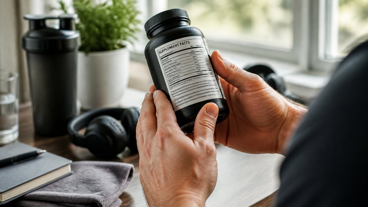 Close-up of hands holding an athletic supplement bottle, examining the ingredient label and nutrition facts panel in natural light