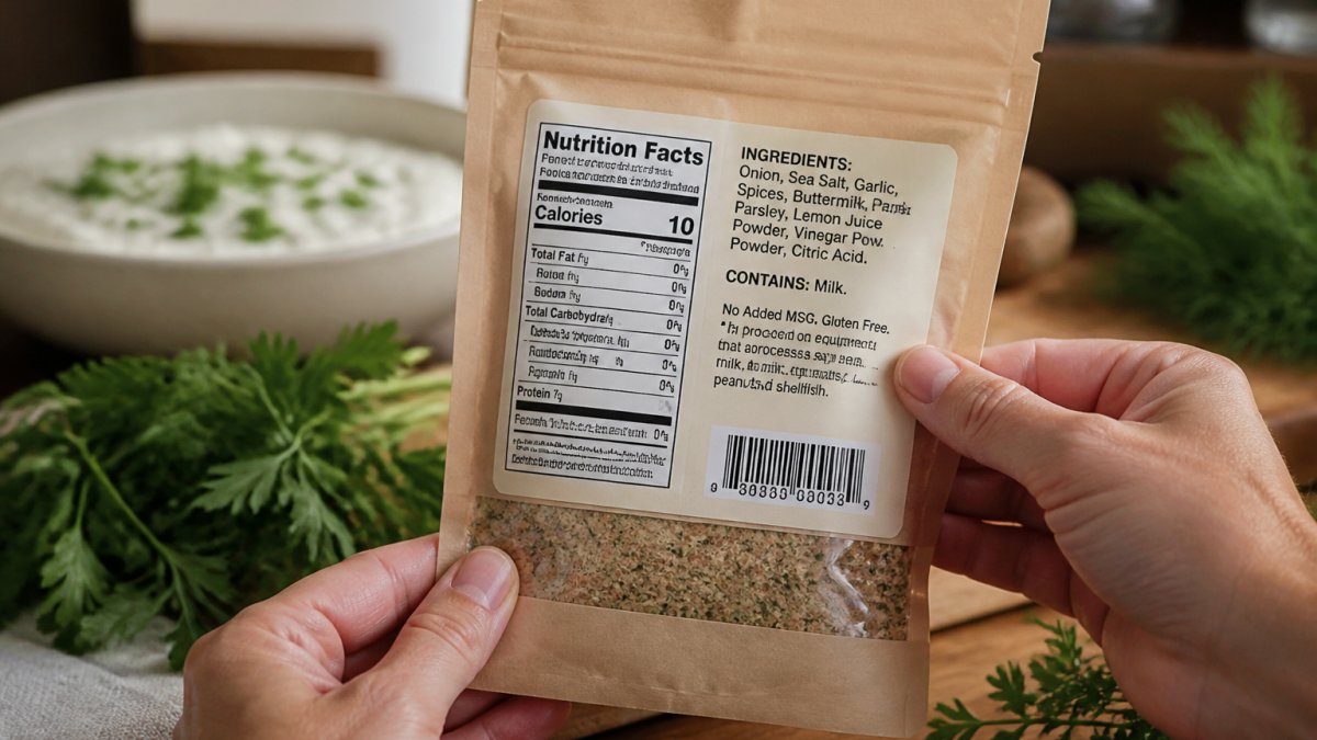 Close-up of hands holding a dip seasoning mix package, showing the ingredient label clearly visible under natural kitchen lighting with fresh herbs placed nearby on a wooden counter