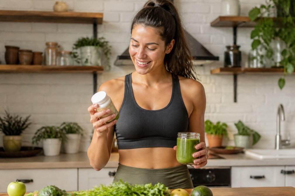 A person holding a vegan supplement bottle in one hand and a fresh green smoothie in the other, standing in a bright kitchen with fresh produce visible in the background