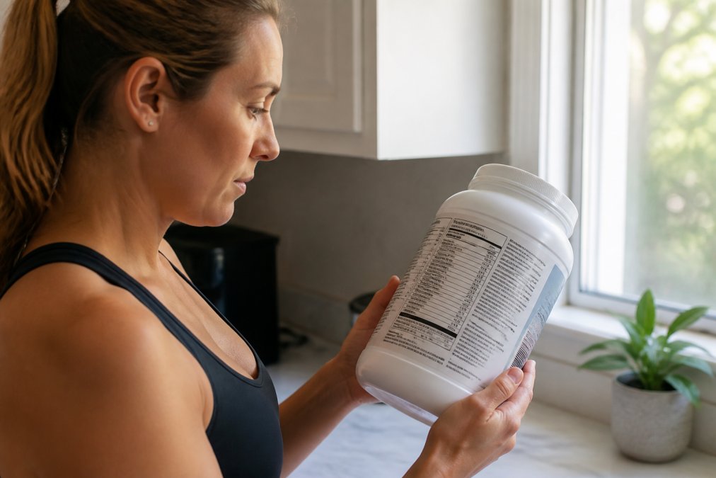 Close-up of hands holding a protein powder container with nutrition label clearly visible, reading ingredient list with natural morning light from window