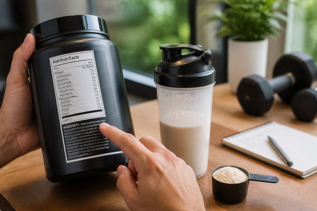 Close-up of hands holding a protein powder container, pointing to the nutrition facts label and ingredient list on the back