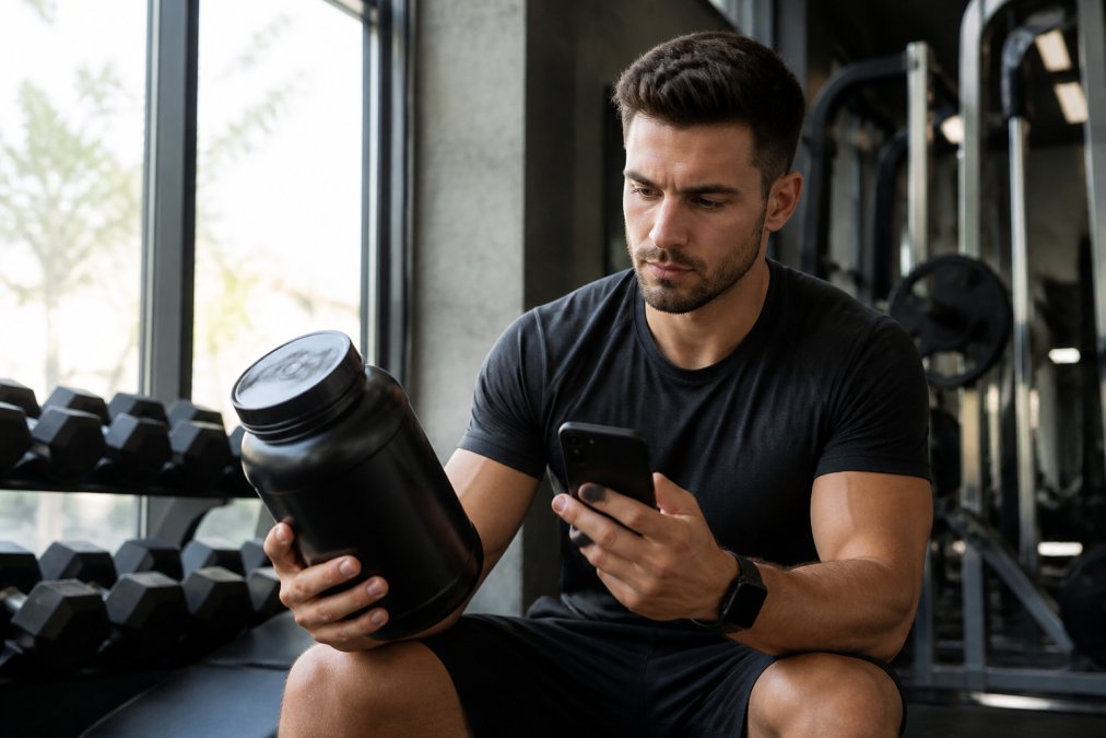 Athlete in modern gym setting holding protein powder container while reviewing a detailed checklist on smartphone, natural lighting from gym windows