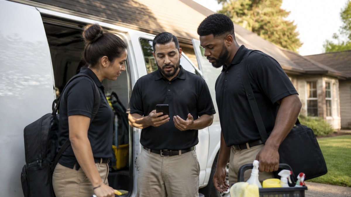 A cleaning crew leader in a polo shirt standing beside a company van in a residential driveway, holding a smartphone and reviewing the day's schedule with two crew members in the early morning light
