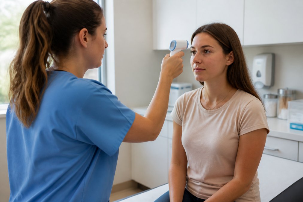 Healthcare professional using clinical grade thermometers to check a patient's temperature in a clinic