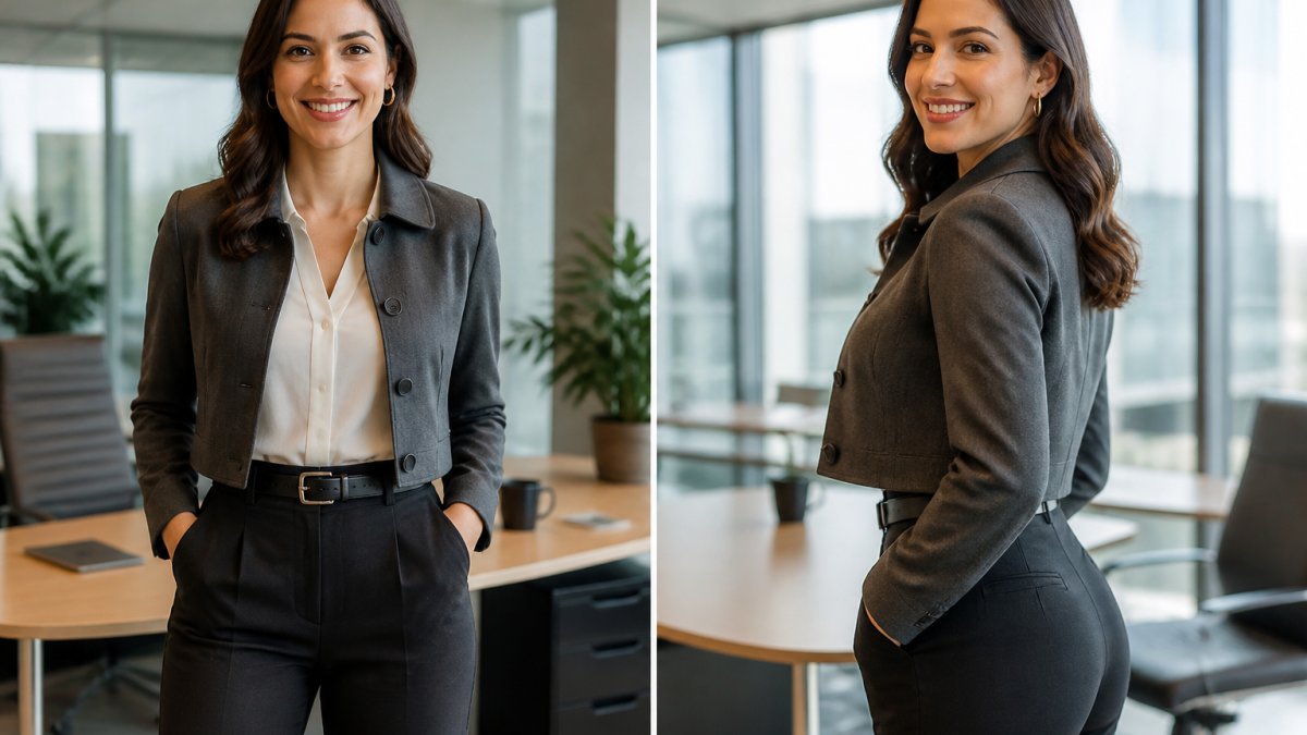 Woman wearing a fitted cropped jacket over a tucked-in blouse with a belted waist, showing defined curves and balanced silhouette from front and side angles in natural office lighting