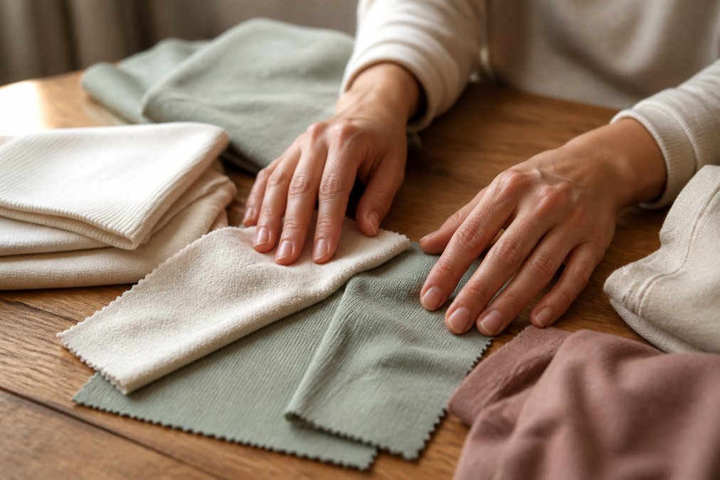 Close-up of hands touching soft natural fabric swatches like cotton and bamboo viscose on a wooden table, warm natural lighting