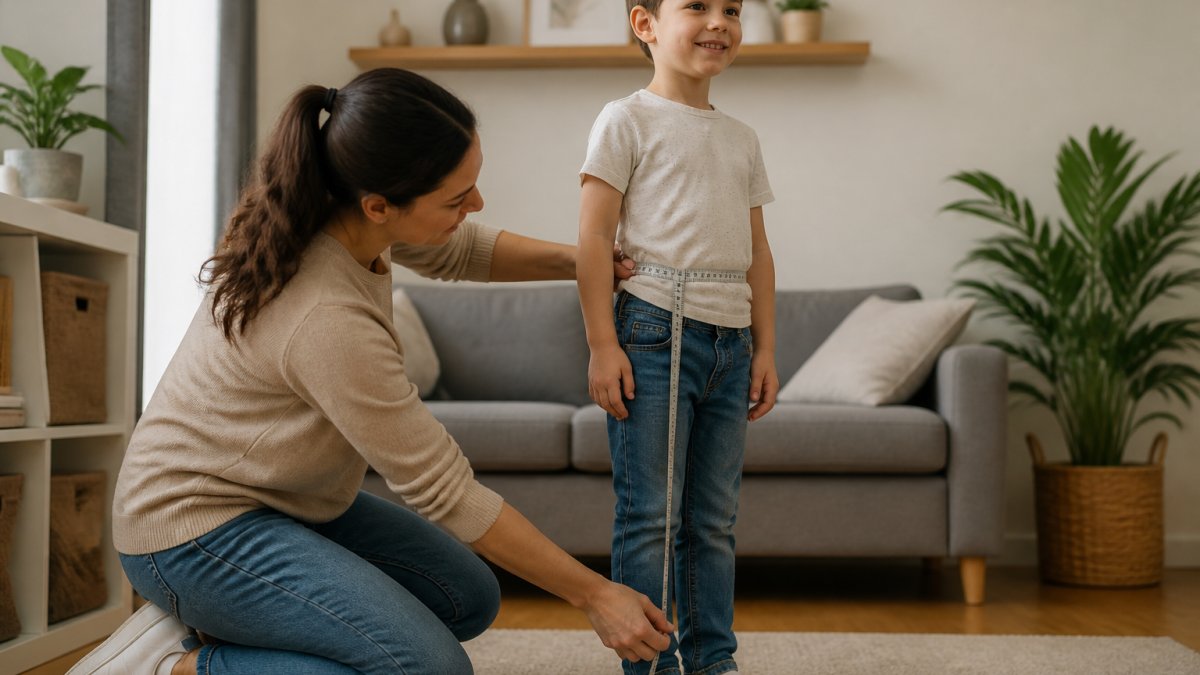 Parent measuring a child's waist, inseam, and chest with a soft measuring tape at home, child standing still in casual clothing
