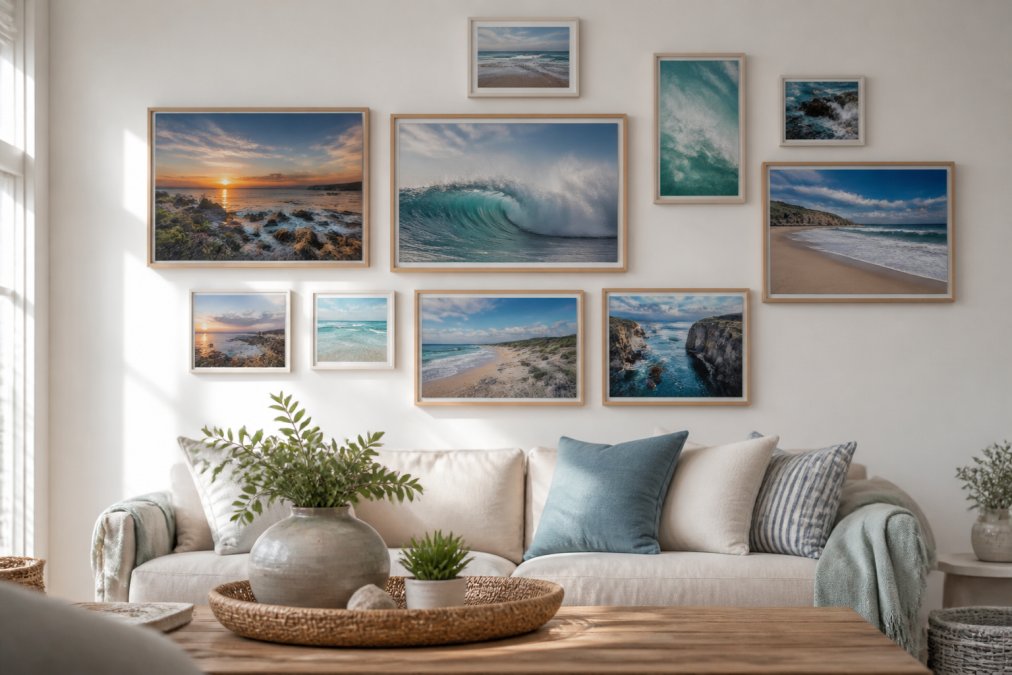 A living room wall displaying a carefully arranged gallery wall with multiple framed coastal prints in varying sizes, with balanced spacing and negative space between frames, soft natural light illuminating the collection