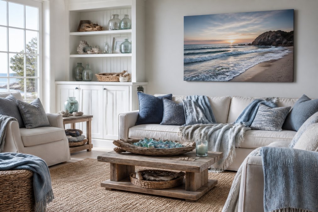 A complete coastal living room interior with wall art as the focal point, featuring natural textures like driftwood accents, sea-glass decorative elements, and layered textiles in muted blues and greys, with soft natural light streaming through windows