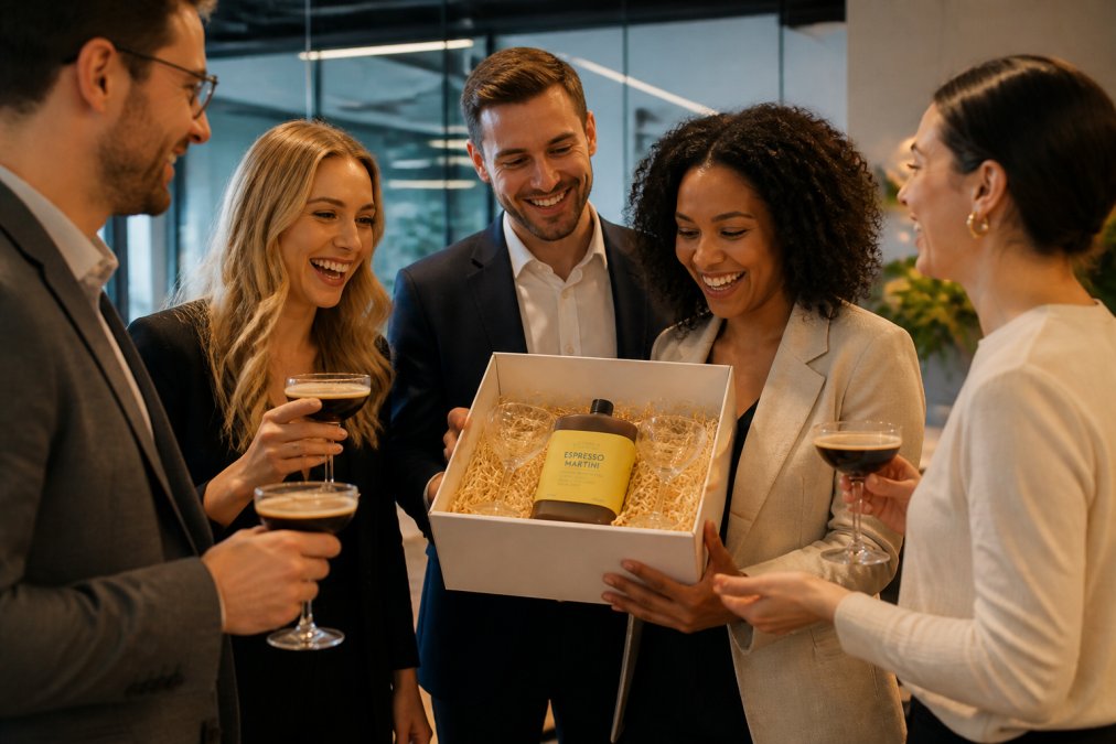 Professional colleagues enjoying cocktails together at a corporate event or office celebration, demonstrating the social aspect of gifting and premium presentation
